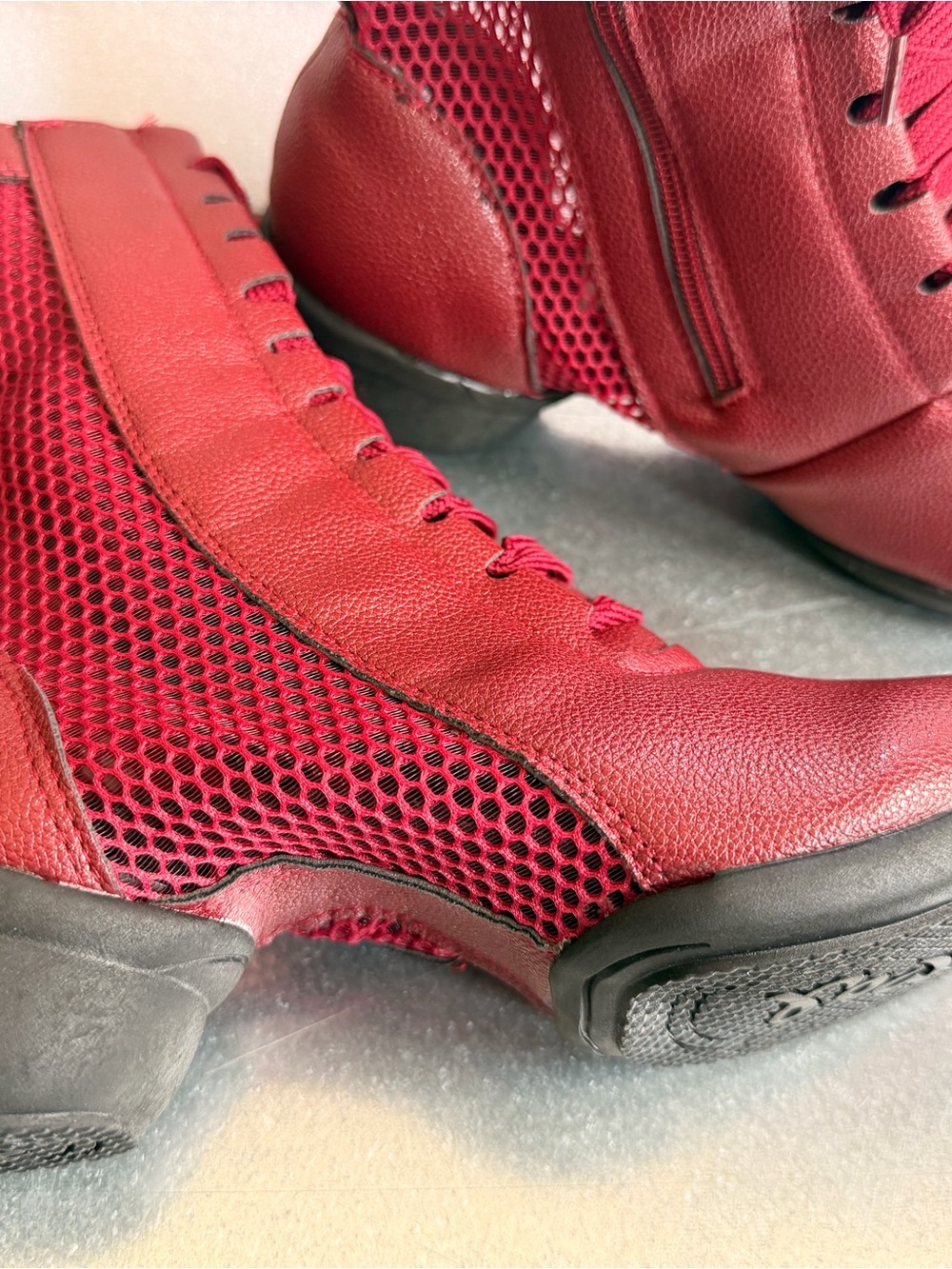 Women's Red Lace-Up Mesh Dance Boots with Side Zip
